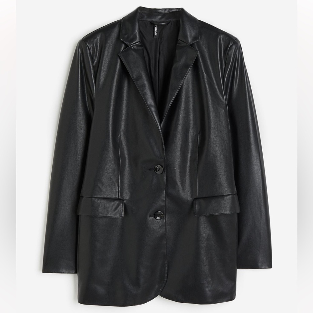 H&M Faux Leather Oversized Blazer Two Button Vegan Black Lined Size L